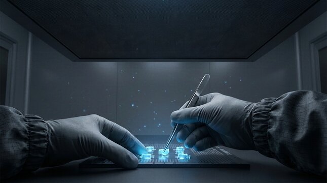 Technician hands in sterile suit using tweezers to assemble glowing blue microchips in cleanroom.