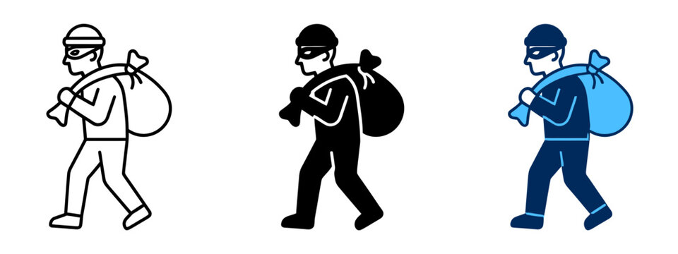 Thief with stolen bag vector icon set featuring outline, solid black, and blue colored criminal symbols