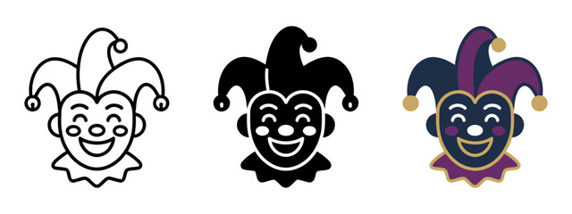 Fototapeta premium Jester and joker clown face vector icon set featuring outline, solid black, and colorful entertainment symbols