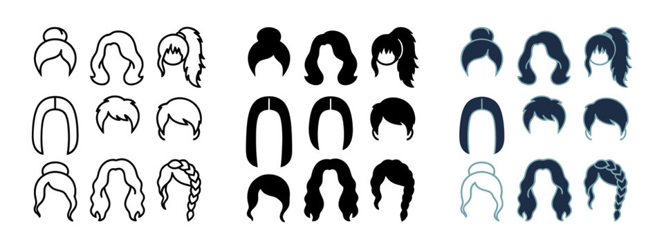 Women hairstyles and haircuts vector icon set featuring outline, solid black, and blue colored female hair symbols