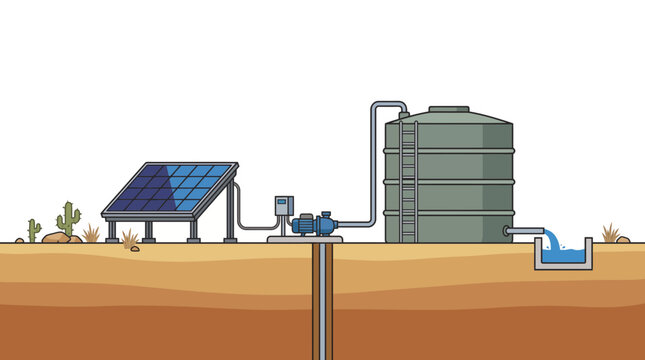 Illustration of a solar powered water pump system with a storage tank in a desert environment.