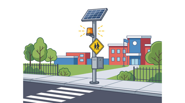 Solar powered school zone flashing warning sign in front of a school building.