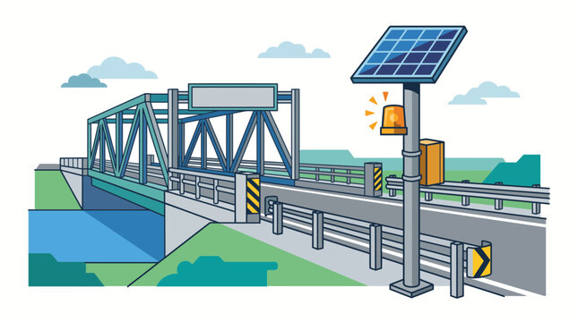 Illustration of a metal truss bridge with a solar powered warning light system.