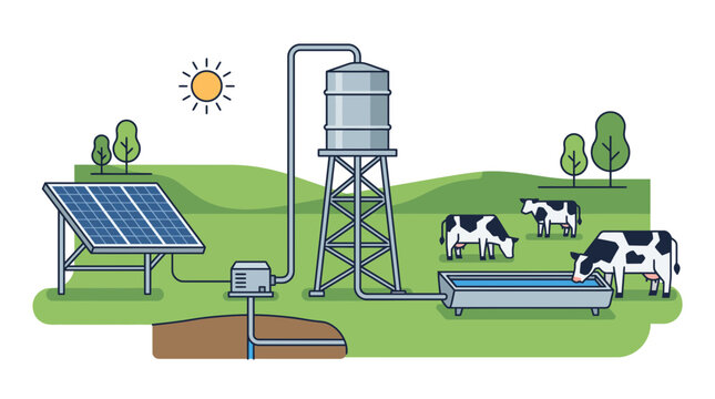 Illustration showing a solar powered water pump system for livestock on a farm.