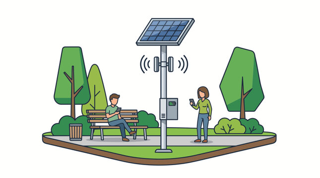 People using mobile devices in a public park with solar powered Wi-Fi hotspot.