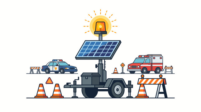 Solar powered mobile light tower with emergency vehicles and construction barriers on site.