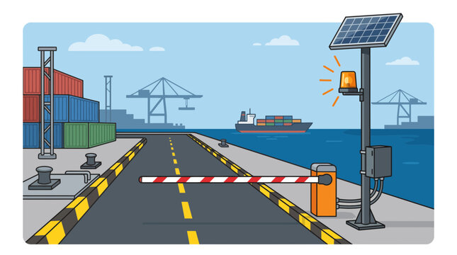 Illustration of a solar powered security gate at a busy industrial shipping port terminal.