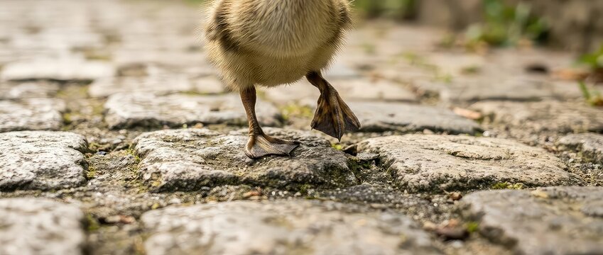 Adorable Duckling Waddle on Cobblestone Path Outdoors
