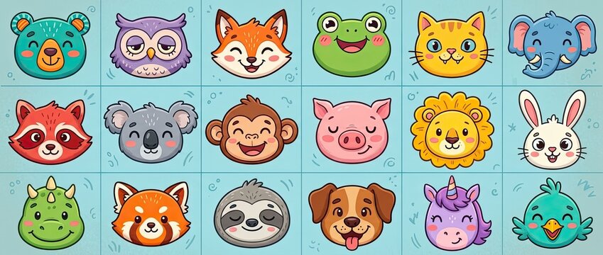 Collection Of Cute Cartoon Animal Faces - Bear, Owl, Fox, Frog, Cat, Elephant, Dog