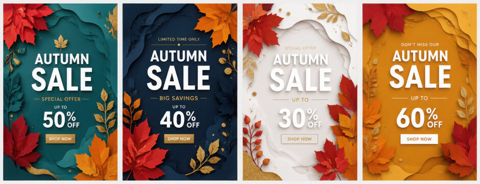 Autumn Sale background, banner, or flyer design. Set of colorful autumn posters with bright beautiful leaves frame, paper cut style letters and lettering. Template for advertising, web, social media