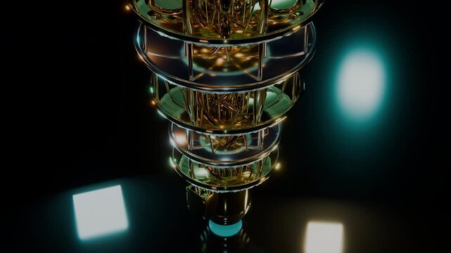 Telephoto push in on superconducting magnetic coil core glowing under warm amber light.