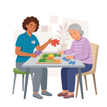 Caregiver assisting elderly woman with jigsaw puzzle, promoting cognitive stimulation and social interaction in a cozy indoor setting.