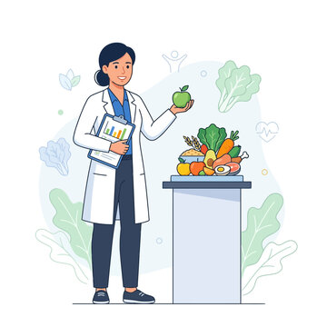Dietitian Holding Apple and Clipboard Presenting Healthy Food Options for Balanced Nutrition