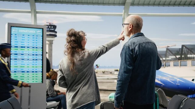 Joyful elderly couple points toward an aircraft on the runway from a terminal priority boarding queue with luggage ready for departure from the waiting lounge.