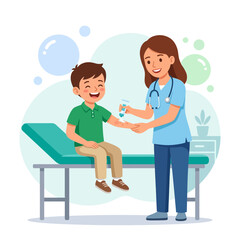 Obraz premium Nurse applying cream to a child's arm for rash treatment in a doctor's office, flat vector illustration.