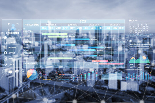 Modern Project Management Dashboard with Data Visualization Elements and Cityscape Background for Business Applications Fluxor.