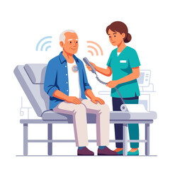 Obraz premium Nurse performs medical scan on elderly patient with cardiac monitor, modern healthcare concept, flat illustration style