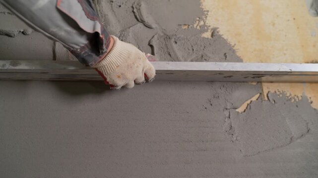 Plasterer leveling fresh wet concrete on a wall with a metal rule during renovation