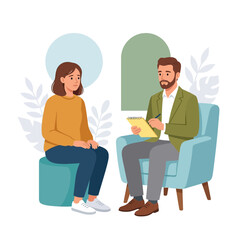 Fototapeta premium Therapy session with a female patient and a male therapist in a calm, modern office setting.