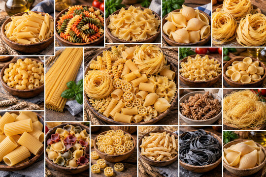 Italian Pasta Variety Collection with Penne, Fusilli, Farfalle, Shells and Tagliatelle