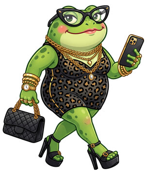 Stylish frog lady in leopard dress walking with smartphone and handbag. Cartoon character wears glasses, gold jewelry and high heels on transparent background.