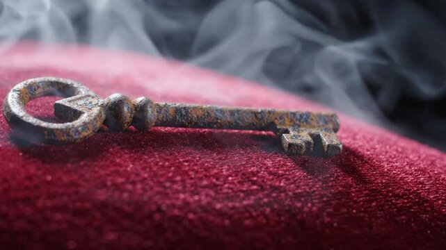 Antique rusty skeleton key on red velvet with smoke