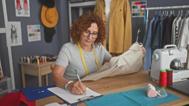 Woman writing on a clipboard while holding a garment on a hanger in a sewing studio with measuring tape and sewing machine on the table; focused creativity.