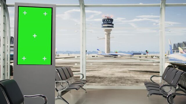 Chroma key board screen stands in an empty airport lounge overlooking the runway with terminal exterior and boarding gates visible while the waiting area remains free of people before departure.