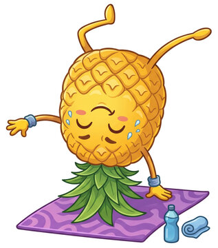 Cute cartoon pineapple character doing yoga pose on purple mat. Sweating tropical fruit with closed eyes exercising with water bottle and towel nearby.