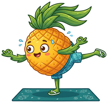 Funny pineapple character doing yoga pose on exercise mat. Cartoon fruit wears blue shorts and balances on one leg with sweat drops.