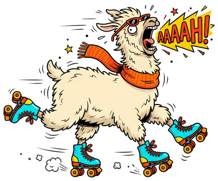 Funny cartoon llama screaming while roller skating on transparent background. Furry alpaca wears red sunglasses and orange scarf on blue skates.