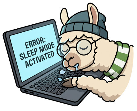 Cute cartoon llama sleeping on laptop keyboard with error sleep mode activated message on screen. Funny sleepy alpaca wearing hat and glasses drooling while working.