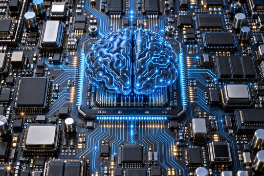 Futuristic Brain Integrated onto a Smart Circuit Board, Representing Advanced Artificial Intelligence and Neural Network Computing.