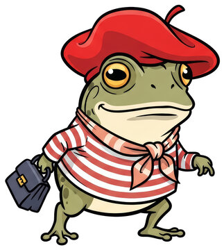 Cartoon toad in red beret and striped shirt walking with briefcase. Funny french style frog character with neckerchief on transparent background.