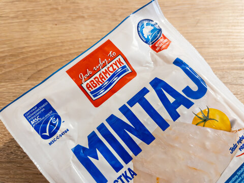 WARSAW, POLAND - MAY 8, 2026: Abramczyk Mintaj frozen fish pack close up