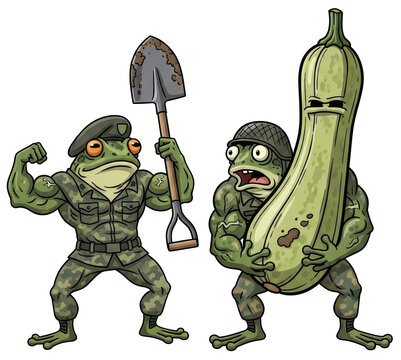 Two cartoon frog soldiers in camouflage uniforms on transparent background. One toad holds a shovel with muscles flexed, the other carries a giant zucchini.