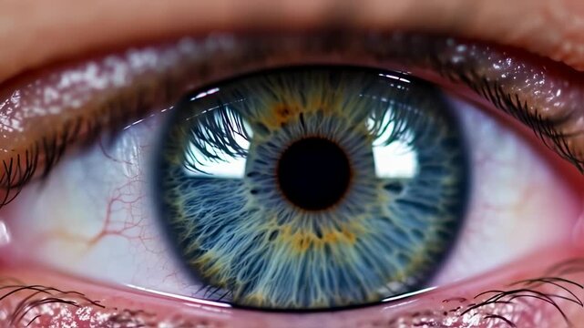 A close-up of a human eye, vibrant blue iris with golden hues, eyelashes, and detailed veins visible