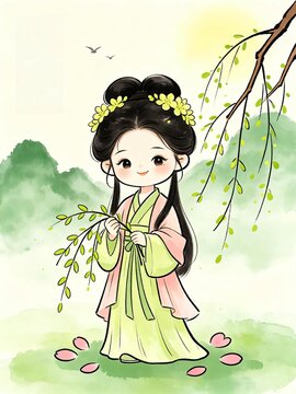 Cute girl in traditional Chinese hanfu holding willow branch, spring landscape with mountains and flowers, seasonal illustration