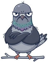 Obraz premium Angry cartoon pigeon standing with crossed wings on a tree branch. Grumpy bird character with annoyed expression and iridescent neck feathers.