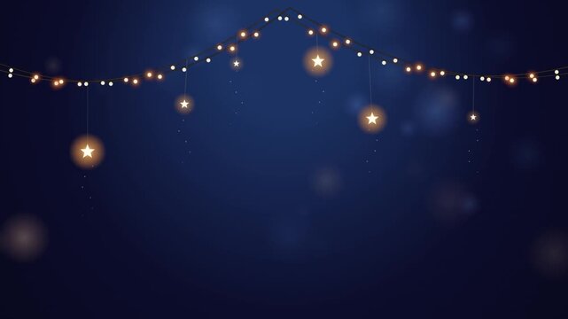 Blue Gold String Lights Glowing Star Festive Backdrop Loop