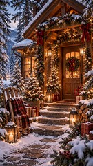Fototapeta premium Snow Covered Christmas Cabin Entrance with Wreath and Warm Festive Lights 