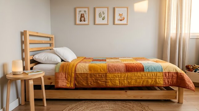 Cozy children bedroom interior with a wooden bed frame patchwork quilt and framed animal wall art in soft morning light creating a warm and inviting atmosphere for a family home magazine