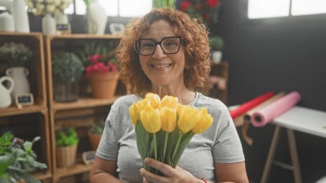 Woman holding a bouquet of yellow tulips with hands and smiling, wearing glasses in a studio filled with potted plants and wrapping paper rolls; floral craft joy.