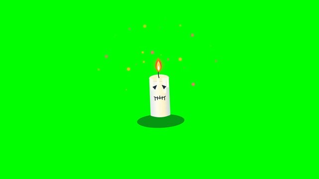 Stylized 2D animation of a haunted white candle with a stitched mouth and sad eyes burning against a chroma key green screen background with floating magical embers