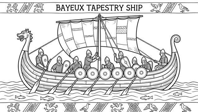 Longship of helmeted warriors under a sail with oars and round shields. Bayeux Tapestry colouring page