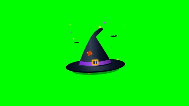 Stylized cartoon animation of a black witch hat with a purple band and buckle. Small bats and glowing particles float around the accessory over a bright green screen background.