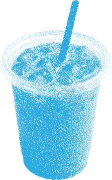 Halftone stippled iced coffee in transparent cup, retro dotted grunge design, trendy beverage art