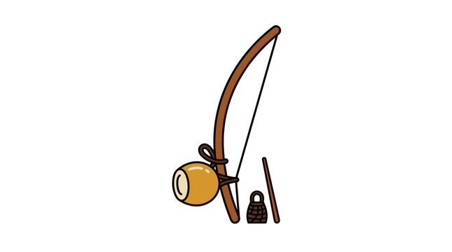 Brazilian berimbau musical instrument with caxixi and stick isolated vector illustration