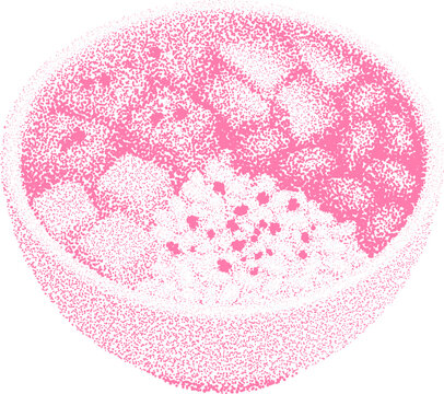 Halftone stipple dotted retro grunge bowl of fruit in transparent pixelated design