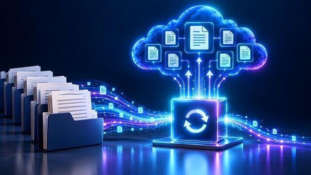 Cloud storage network receiving document files from glowing digital folders representing secure data backup and synchronization